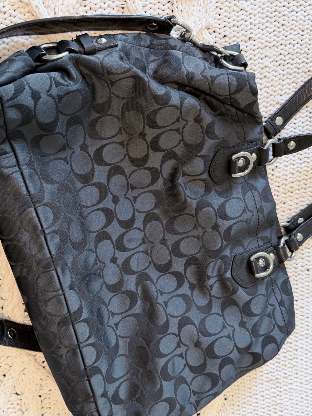 Coach Black Signature Jacquard Shoulder Tote with Silver Hardware